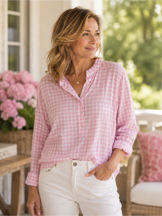 Talbots Tops - Talbots Pink Gingham Ruffle Button-Front Top Sz XL